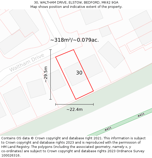 30, WALTHAM DRIVE, ELSTOW, BEDFORD, MK42 9GA: Plot and title map