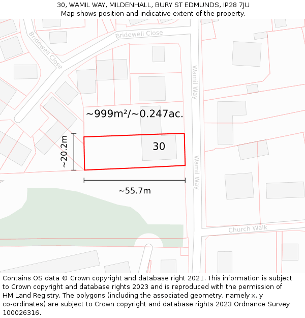 30, WAMIL WAY, MILDENHALL, BURY ST EDMUNDS, IP28 7JU: Plot and title map