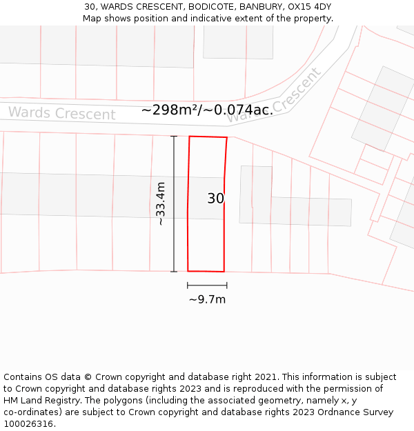 30, WARDS CRESCENT, BODICOTE, BANBURY, OX15 4DY: Plot and title map
