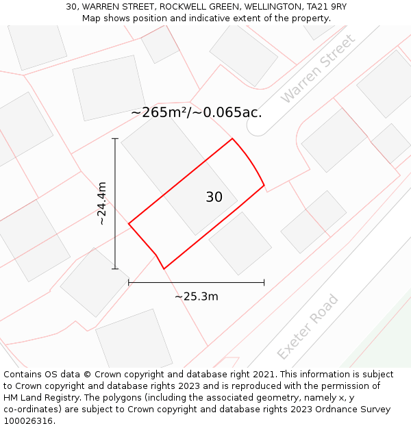 30, WARREN STREET, ROCKWELL GREEN, WELLINGTON, TA21 9RY: Plot and title map