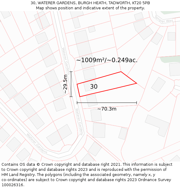 30, WATERER GARDENS, BURGH HEATH, TADWORTH, KT20 5PB: Plot and title map