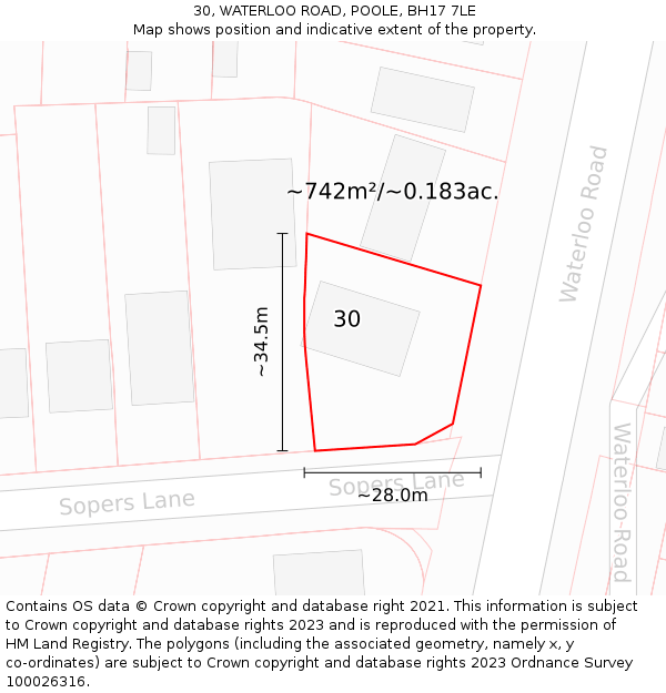 30, WATERLOO ROAD, POOLE, BH17 7LE: Plot and title map