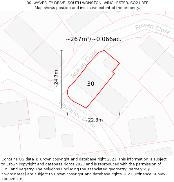 30, WAVERLEY DRIVE, SOUTH WONSTON, WINCHESTER, SO21 3EF: Plot and title map