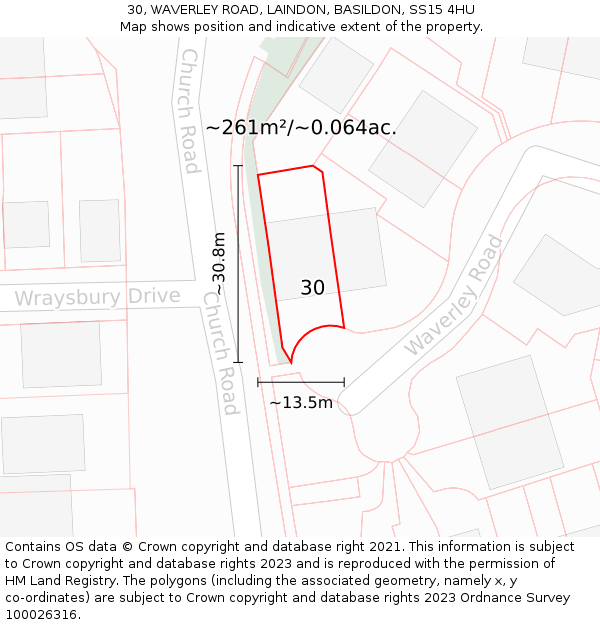 30, WAVERLEY ROAD, LAINDON, BASILDON, SS15 4HU: Plot and title map