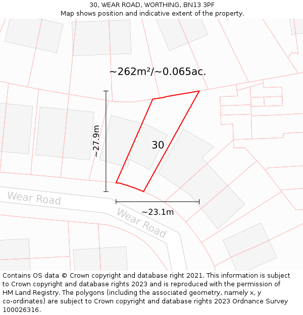 30, WEAR ROAD, WORTHING, BN13 3PF: Plot and title map