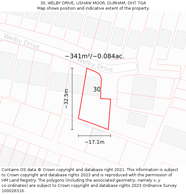 30, WELBY DRIVE, USHAW MOOR, DURHAM, DH7 7GA: Plot and title map