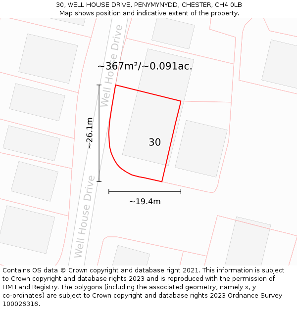 30, WELL HOUSE DRIVE, PENYMYNYDD, CHESTER, CH4 0LB: Plot and title map