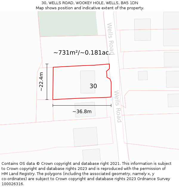 30, WELLS ROAD, WOOKEY HOLE, WELLS, BA5 1DN: Plot and title map