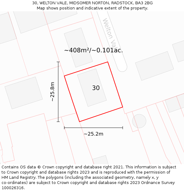 30, WELTON VALE, MIDSOMER NORTON, RADSTOCK, BA3 2BG: Plot and title map