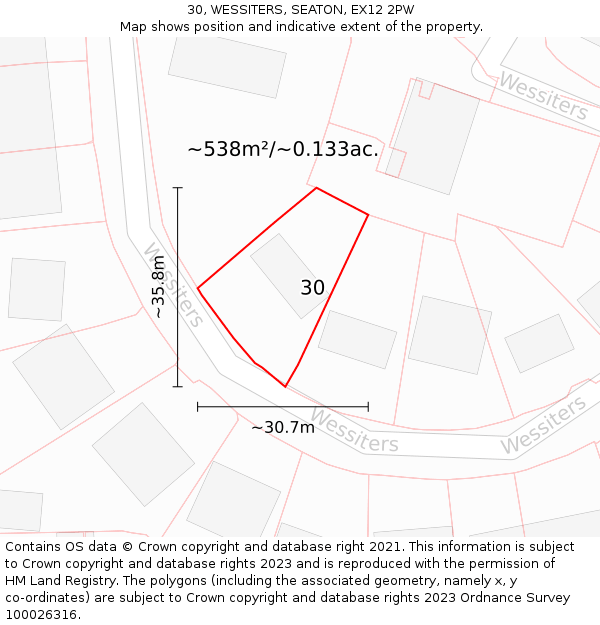 30, WESSITERS, SEATON, EX12 2PW: Plot and title map