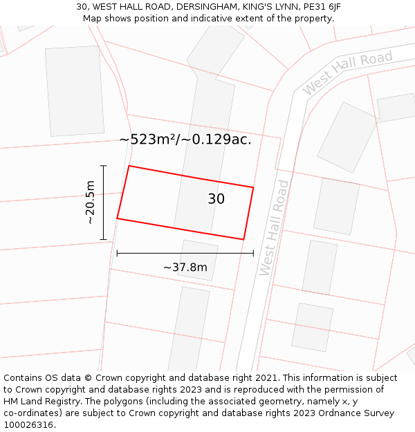 30, WEST HALL ROAD, DERSINGHAM, KING'S LYNN, PE31 6JF: Plot and title map