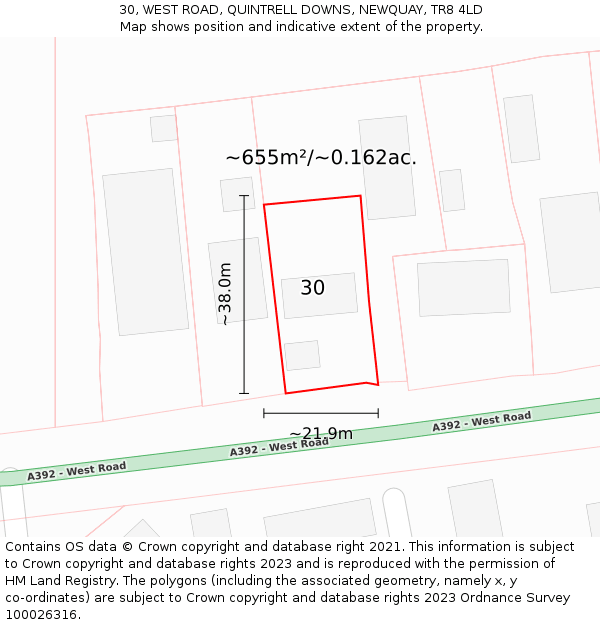 30, WEST ROAD, QUINTRELL DOWNS, NEWQUAY, TR8 4LD: Plot and title map