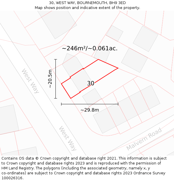 30, WEST WAY, BOURNEMOUTH, BH9 3ED: Plot and title map