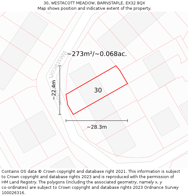 30, WESTACOTT MEADOW, BARNSTAPLE, EX32 8QX: Plot and title map