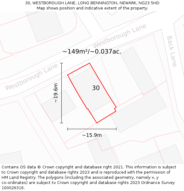 30, WESTBOROUGH LANE, LONG BENNINGTON, NEWARK, NG23 5HD: Plot and title map