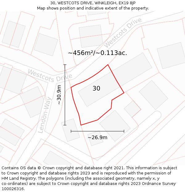 30, WESTCOTS DRIVE, WINKLEIGH, EX19 8JP: Plot and title map