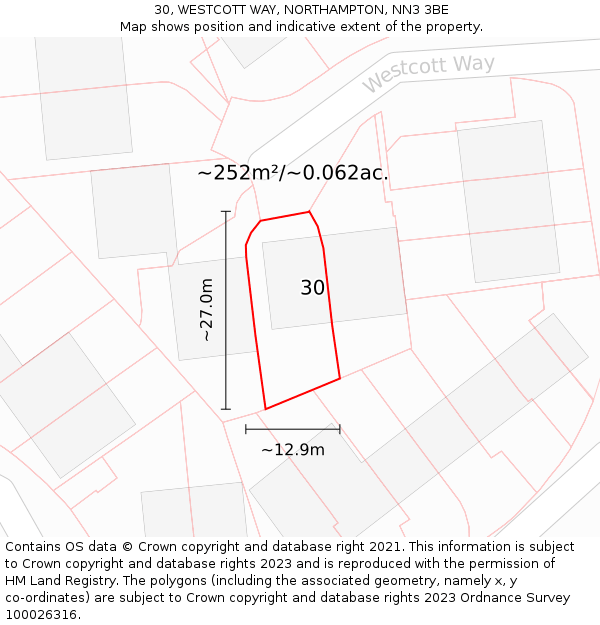 30, WESTCOTT WAY, NORTHAMPTON, NN3 3BE: Plot and title map