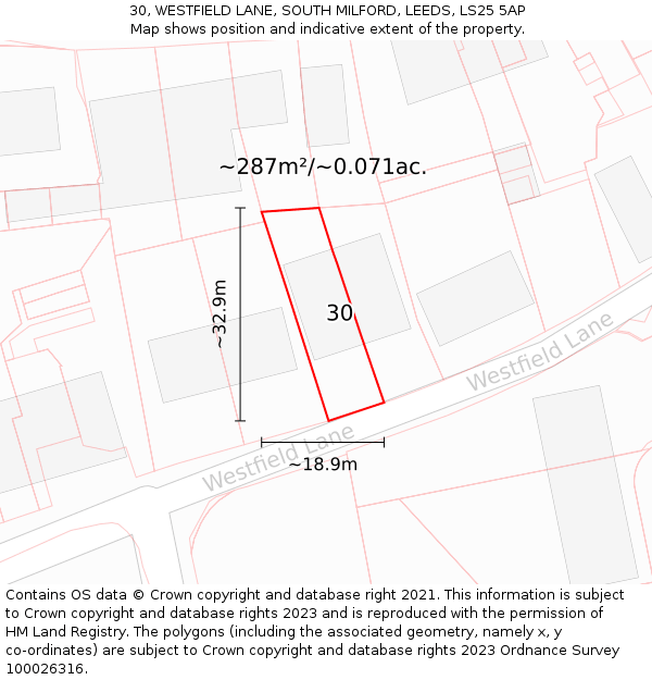 30, WESTFIELD LANE, SOUTH MILFORD, LEEDS, LS25 5AP: Plot and title map