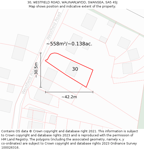 30, WESTFIELD ROAD, WAUNARLWYDD, SWANSEA, SA5 4SJ: Plot and title map