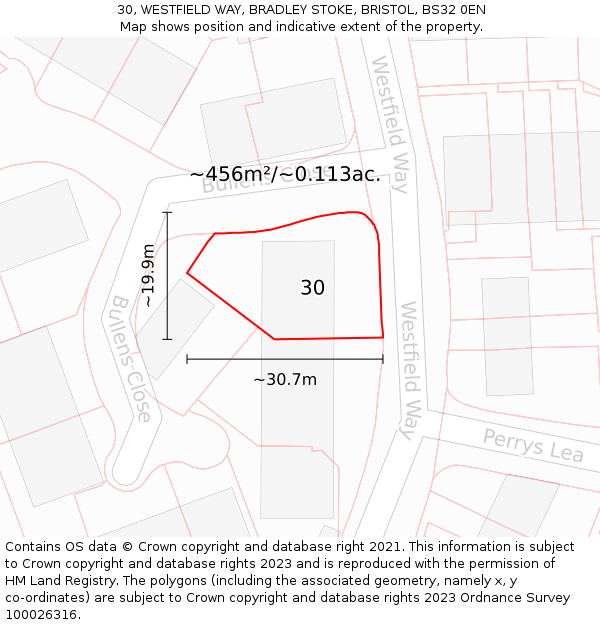 30, WESTFIELD WAY, BRADLEY STOKE, BRISTOL, BS32 0EN: Plot and title map