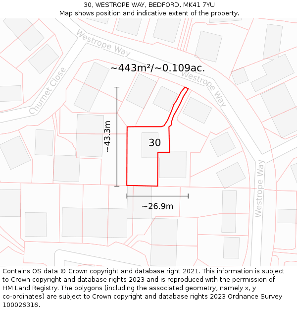 30, WESTROPE WAY, BEDFORD, MK41 7YU: Plot and title map