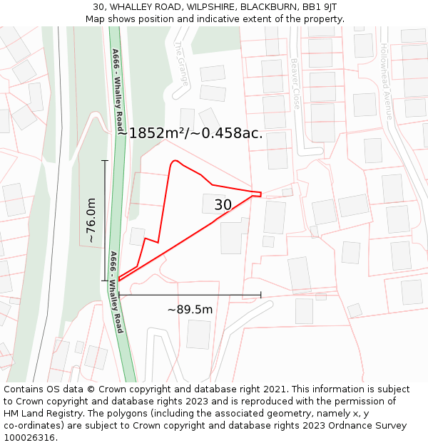 30, WHALLEY ROAD, WILPSHIRE, BLACKBURN, BB1 9JT: Plot and title map