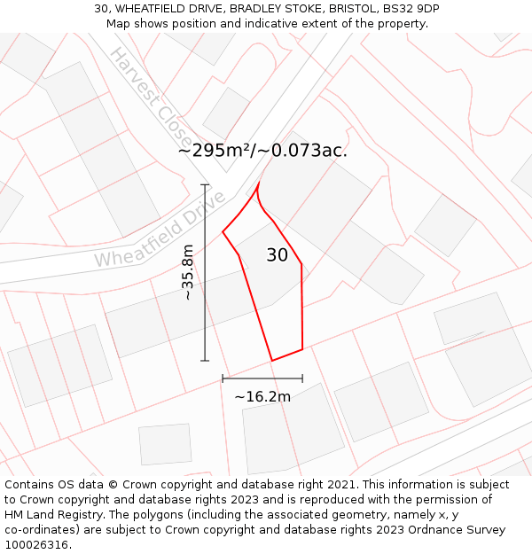 30, WHEATFIELD DRIVE, BRADLEY STOKE, BRISTOL, BS32 9DP: Plot and title map