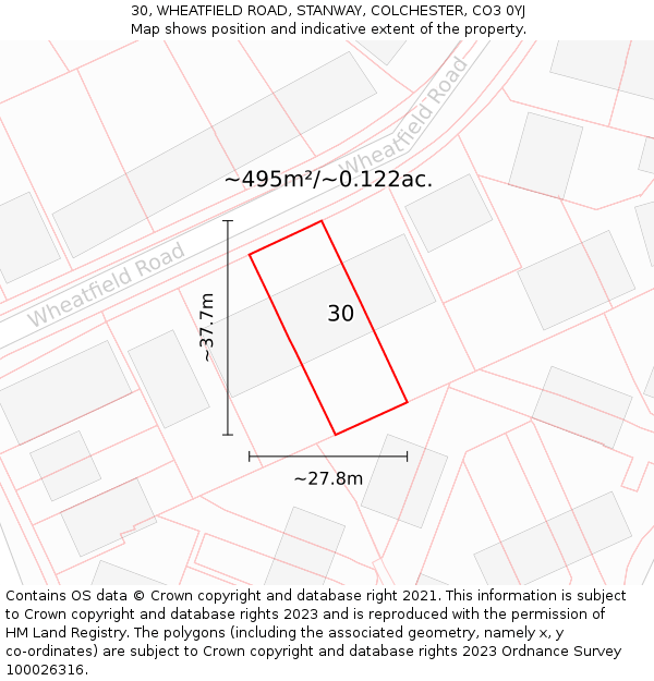 30, WHEATFIELD ROAD, STANWAY, COLCHESTER, CO3 0YJ: Plot and title map