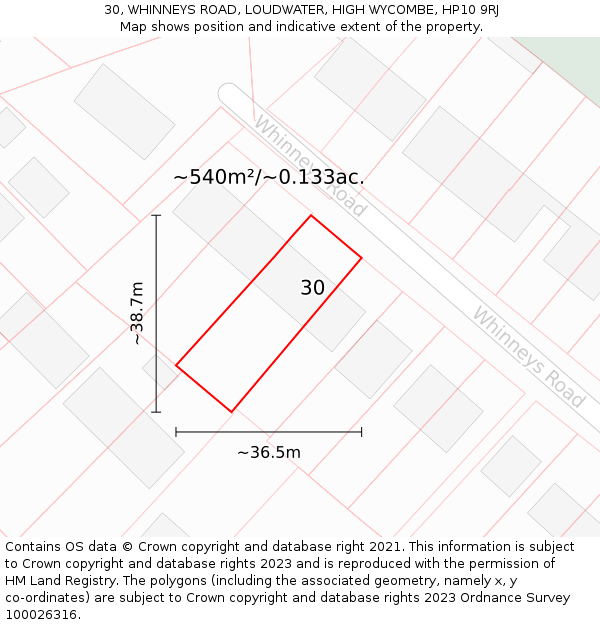30, WHINNEYS ROAD, LOUDWATER, HIGH WYCOMBE, HP10 9RJ: Plot and title map