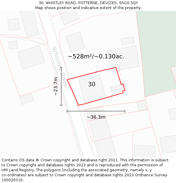 30, WHISTLEY ROAD, POTTERNE, DEVIZES, SN10 5QY: Plot and title map