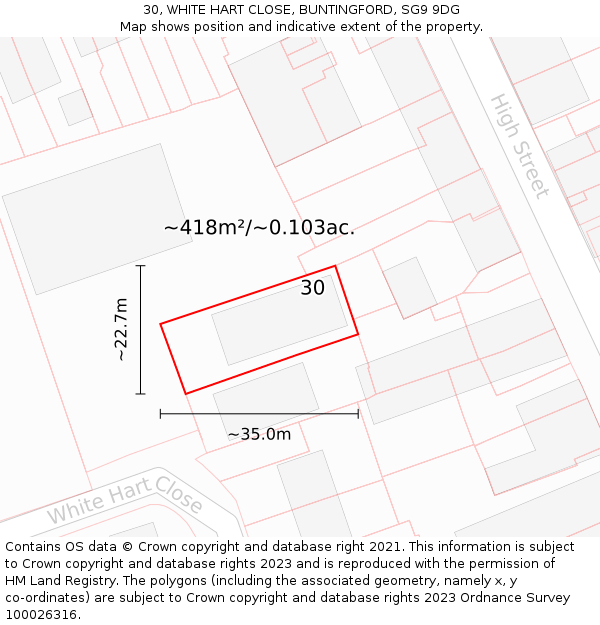 30, WHITE HART CLOSE, BUNTINGFORD, SG9 9DG: Plot and title map