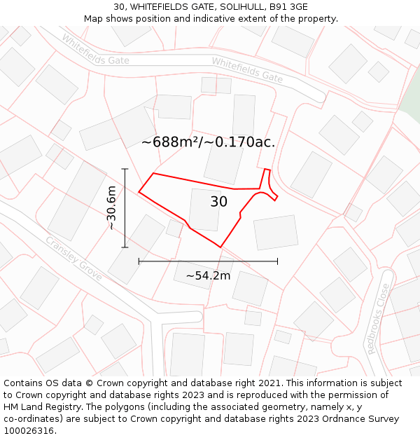 30, WHITEFIELDS GATE, SOLIHULL, B91 3GE: Plot and title map