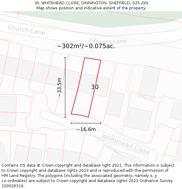30, WHITEHEAD CLOSE, DINNINGTON, SHEFFIELD, S25 2XX: Plot and title map