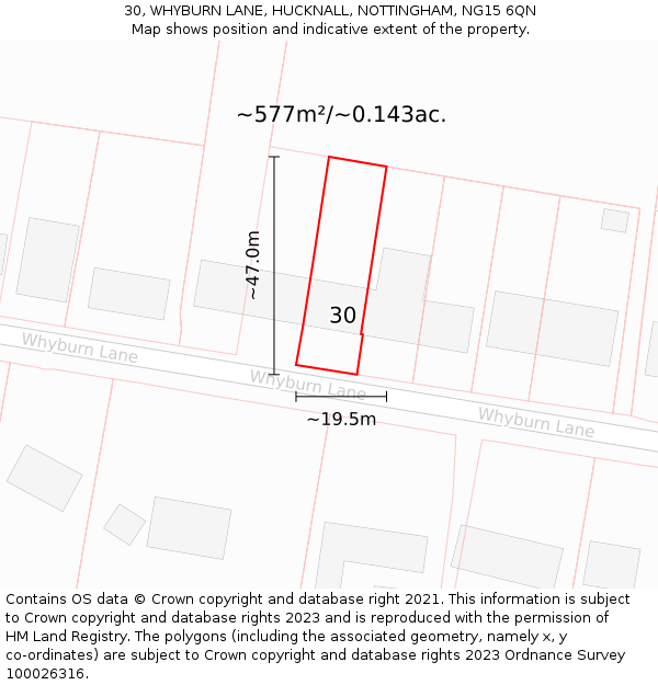 30, WHYBURN LANE, HUCKNALL, NOTTINGHAM, NG15 6QN: Plot and title map
