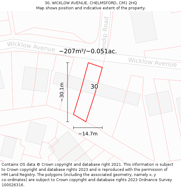 30, WICKLOW AVENUE, CHELMSFORD, CM1 2HQ: Plot and title map