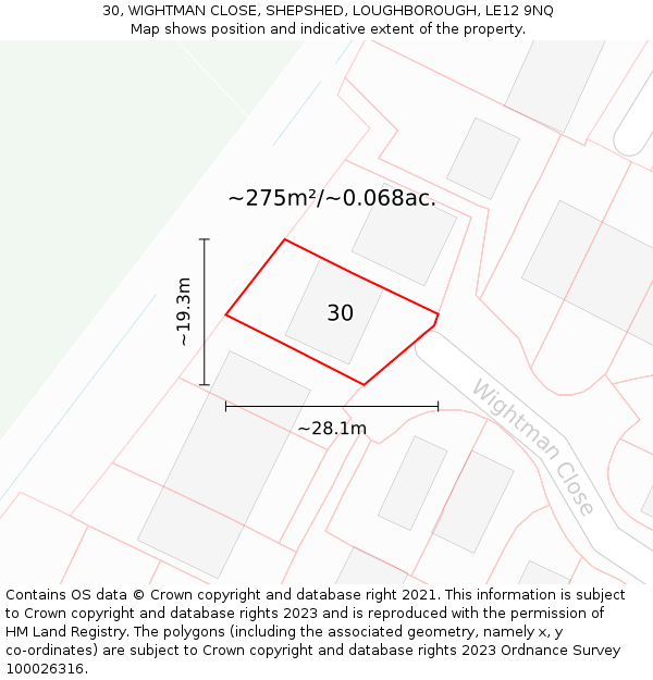 30, WIGHTMAN CLOSE, SHEPSHED, LOUGHBOROUGH, LE12 9NQ: Plot and title map
