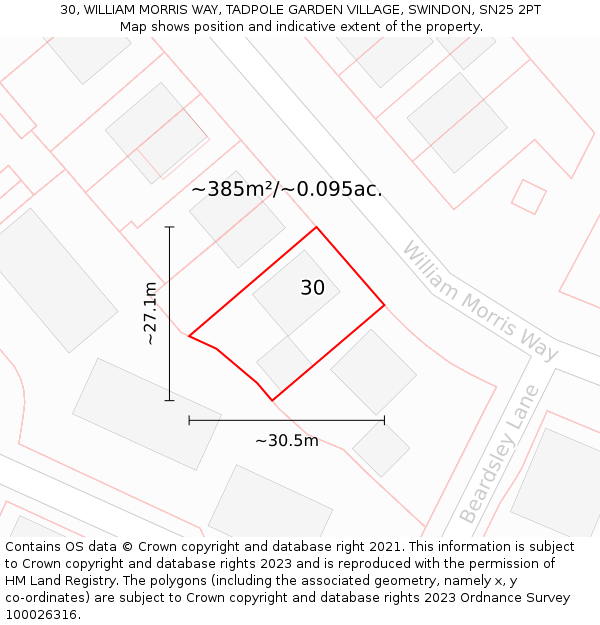30, WILLIAM MORRIS WAY, TADPOLE GARDEN VILLAGE, SWINDON, SN25 2PT: Plot and title map