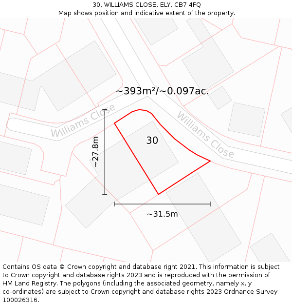 30, WILLIAMS CLOSE, ELY, CB7 4FQ: Plot and title map