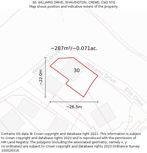 30, WILLIAMS DRIVE, SHAVINGTON, CREWE, CW2 5TQ: Plot and title map