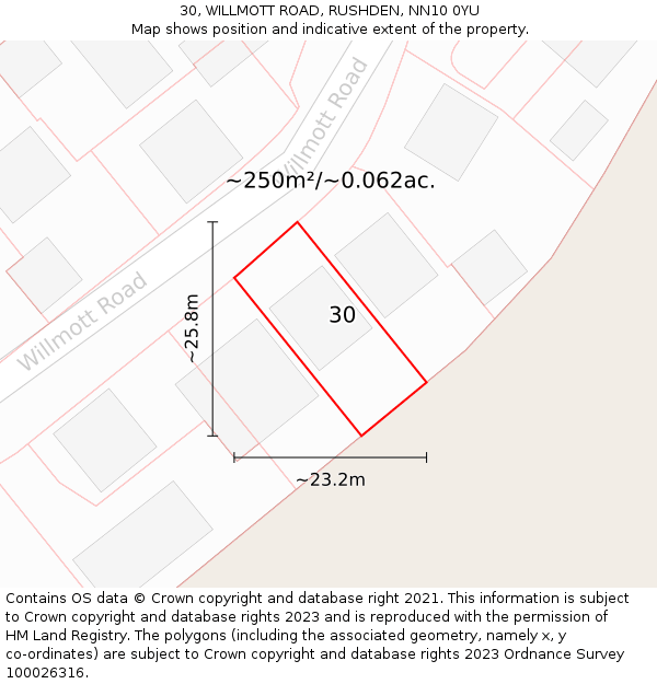 30, WILLMOTT ROAD, RUSHDEN, NN10 0YU: Plot and title map