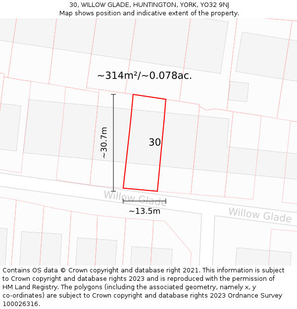 30, WILLOW GLADE, HUNTINGTON, YORK, YO32 9NJ: Plot and title map