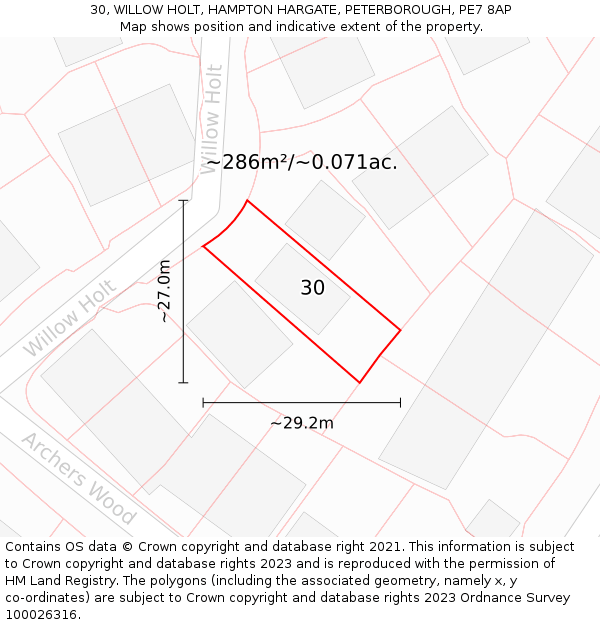 30, WILLOW HOLT, HAMPTON HARGATE, PETERBOROUGH, PE7 8AP: Plot and title map