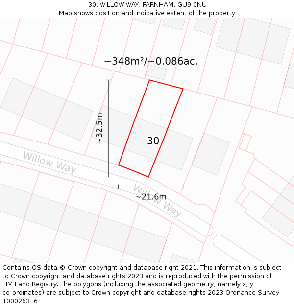 30, WILLOW WAY, FARNHAM, GU9 0NU: Plot and title map