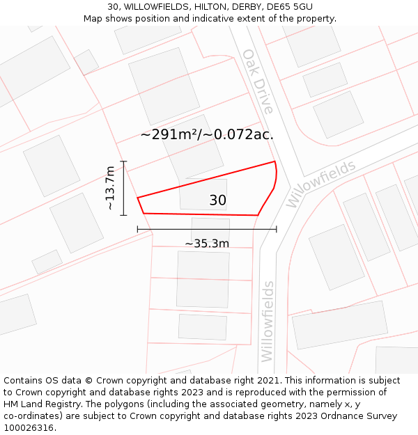 30, WILLOWFIELDS, HILTON, DERBY, DE65 5GU: Plot and title map