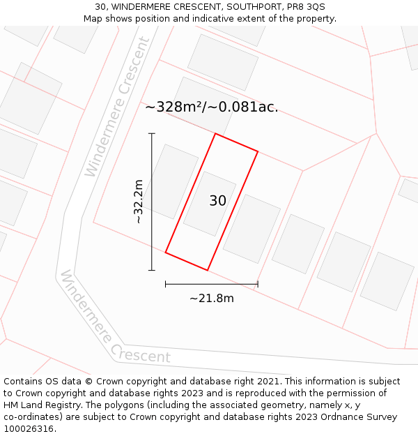 30, WINDERMERE CRESCENT, SOUTHPORT, PR8 3QS: Plot and title map