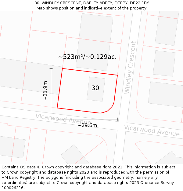 30, WINDLEY CRESCENT, DARLEY ABBEY, DERBY, DE22 1BY: Plot and title map
