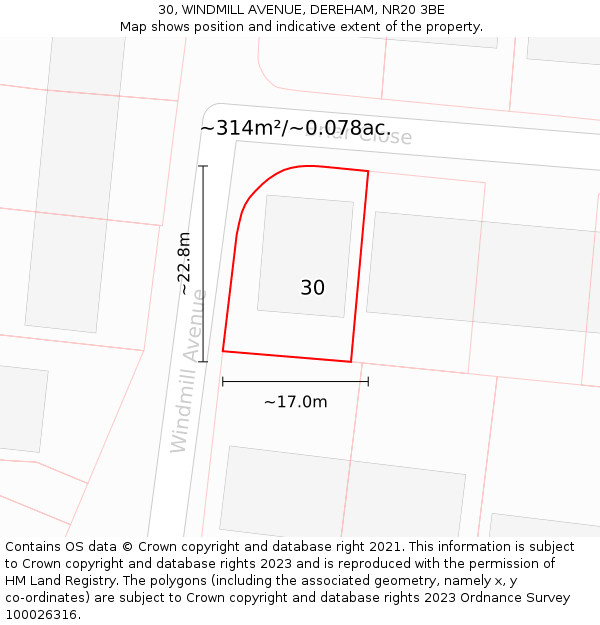 30, WINDMILL AVENUE, DEREHAM, NR20 3BE: Plot and title map