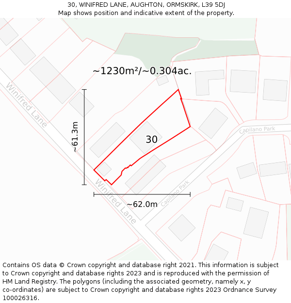 30, WINIFRED LANE, AUGHTON, ORMSKIRK, L39 5DJ: Plot and title map