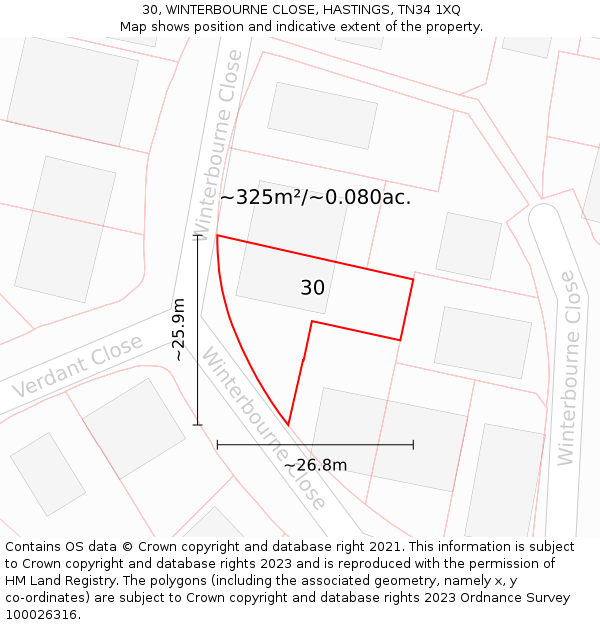 30, WINTERBOURNE CLOSE, HASTINGS, TN34 1XQ: Plot and title map