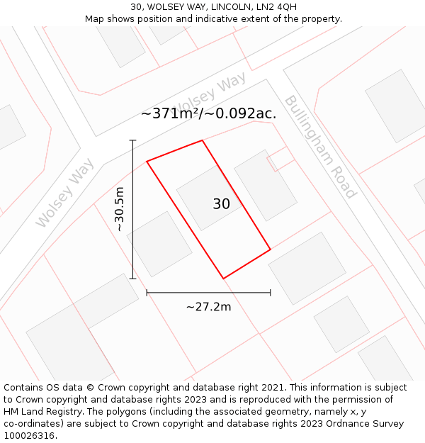 30, WOLSEY WAY, LINCOLN, LN2 4QH: Plot and title map